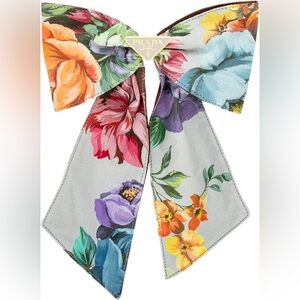 Prada Floral Silk Bow Hair Tie in Blue with Purple, Orange and Yellow Accents
